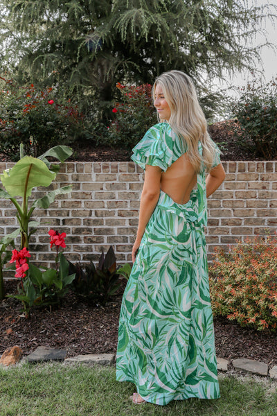 Off To The Island Green Leaf Open Back Maxi Dress
