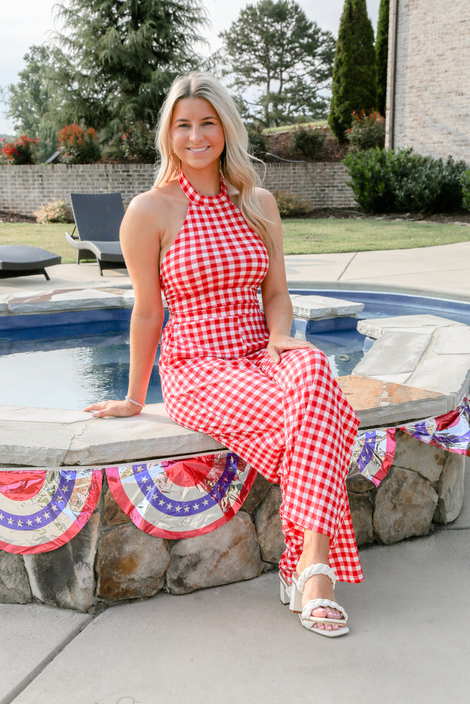 Gingham Halter Tie Jumpsuit- Red/White Briella Boutique Gingham Halter Tie Jumpsuit- Red/White Briella Boutique