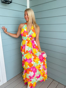 Sweet Paradise Halter Multicolor Floral Maxi Dress