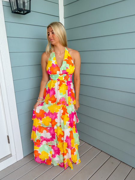 Sweet Paradise Halter Multicolor Floral Maxi Dress