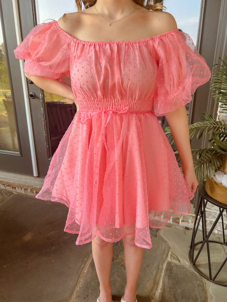 Mesh Dot Bubble Sleeve Flared Mini Dress