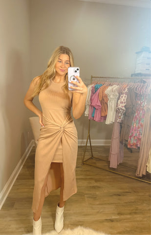 Expecting You Beige Layered Midi Dress