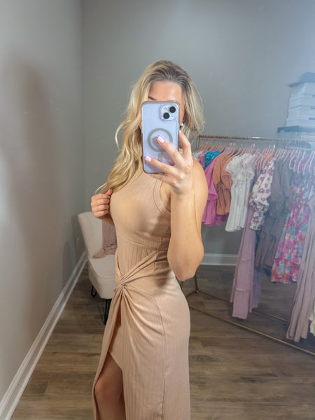 Expecting You Beige Layered Midi Dress